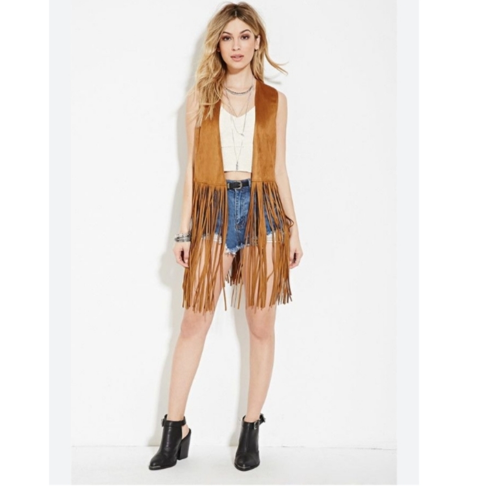 Forever 21 Faux Suede Fringe Western Cowgirl Rodeo Sleevless Jacket Top Vest